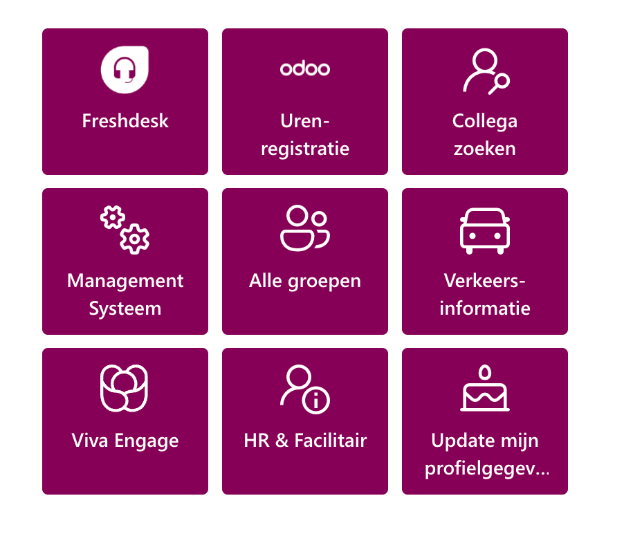 SharePoint Quick Links tegel met eigen logo naast Microsoft-iconen